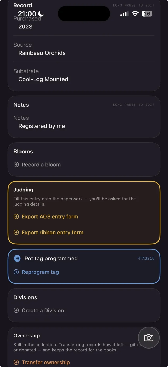 Judging section of a record with entry form exports and a programmed pot tag